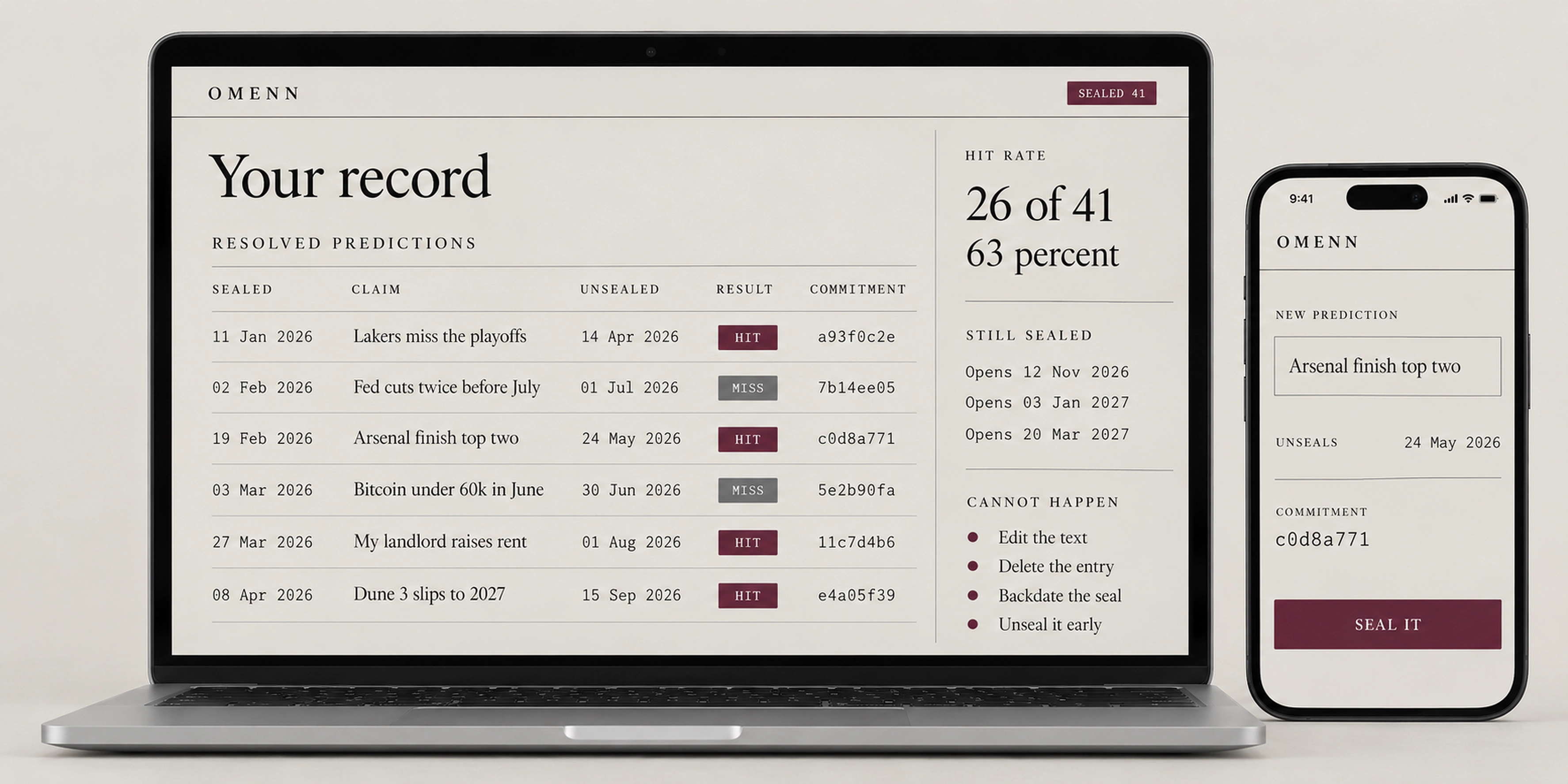 Omenn on a laptop and a phone: a table of resolved predictions with hit and miss results, a hit rate panel, and the phone screen sealing a new prediction